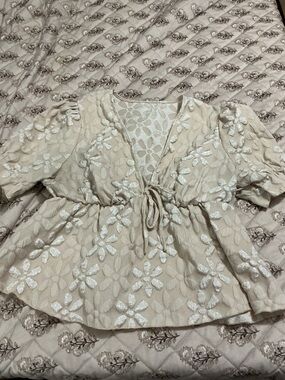 SHEIN Cream Tie-Front Floral Embroidered Peplum Top